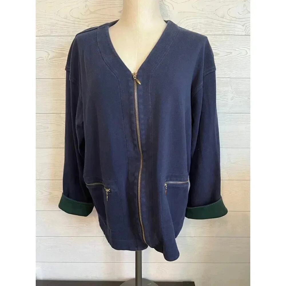 Talbots Navy Blue Full Zip Cotton Sweatshirt Jacket Forest Green Cuffs Medium - Picture 6 of 8